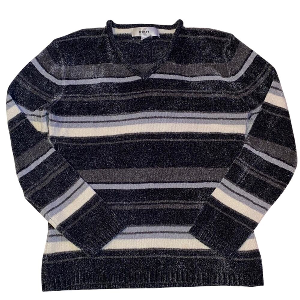 Kikit Striped Sweater Super Soft VNeck Gray Baby Blue White Fuzzy M17